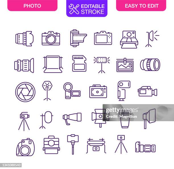 ilustrações de stock, clip art, desenhos animados e ícones de photography icons set editable stroke - go pro camera