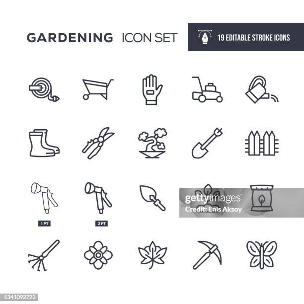 gardening editable stroke line icons - pickaxe stock illustrations