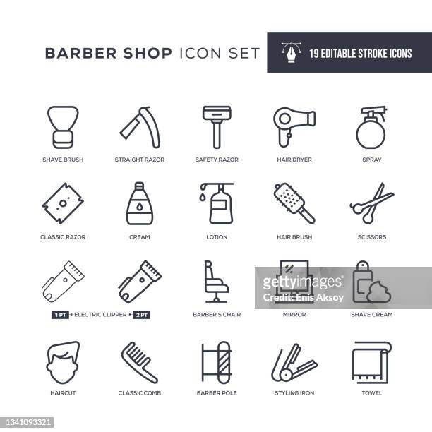 barber shop editable stroke line icons - barber shop stock illustrations