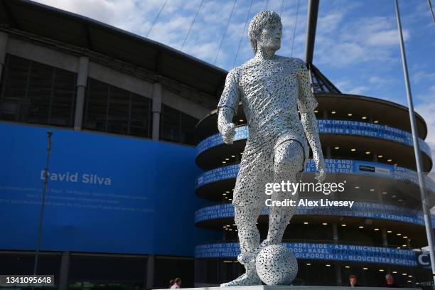 General view outside the stadium of the statue of David Silva prior to the Premier League match between Manchester City and Southampton at Etihad...