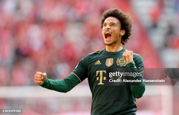 Leroy Sane of FC Bayern Muenchen celebrates his first goal during the Bundesliga match between FC Bayern München and VfL Bochum at Allianz Arena on...