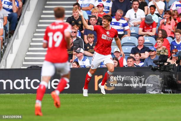 Chris Martin of Bristol City celebrates after scoring their team's first goal during the Sky Bet Championship match between Queens Park Rangers and...