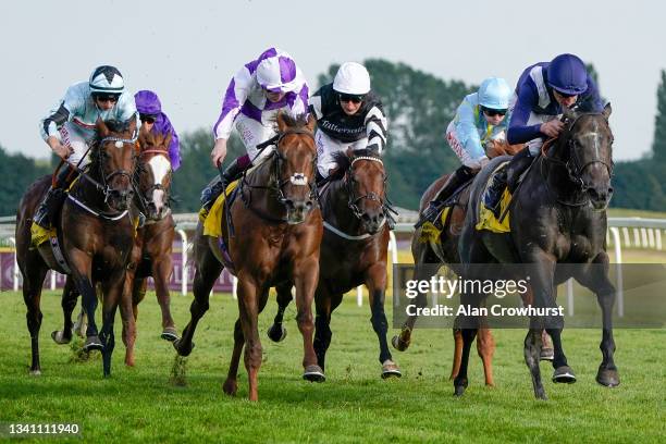 Adam Kirby riding Wings Of War win The Dubai Duty Free Mill Reef Stakes at Newbury Racecourse on September 18, 2021 in Newbury, England.