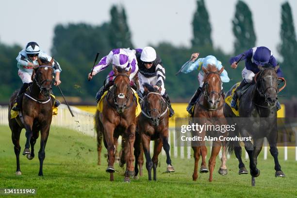 Adam Kirby riding Wings Of War win The Dubai Duty Free Mill Reef Stakes at Newbury Racecourse on September 18, 2021 in Newbury, England.