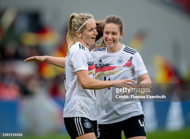 Kathrin Hendrich of Germany celebrates with Jana Feldkamp after scoring her team's fourth goal during the FIFA Women's World Cup 2023 Qualifier group...