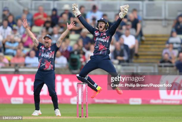 Sam Billings and Darren Stevens of Kent Spitfires appeal unsuccessfully during the second semi-final between Kent Spitfires and Sussex Sharks on...