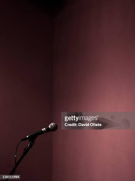 microphone standing in front of maroon wall - david oliete fotografías e imágenes de stock