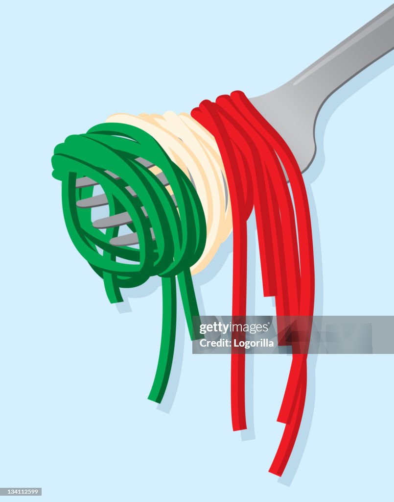 Spaghetti in Italian flag colors twisted around a fork