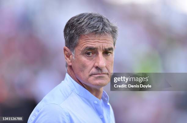 Getafe CF Head Coach Michel looks prior to the La Liga Santander match between Rayo Vallecano and Getafe CF at Campo de Futbol de Vallecas on...