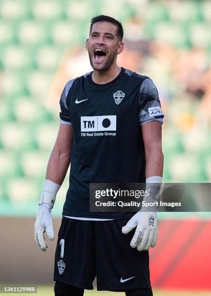 Kiko Casilla of Elche CF reacts during the La Liga Santander match between Elche CF and Levante UD at Estadio Manuel Martinez Valero on September 18,...