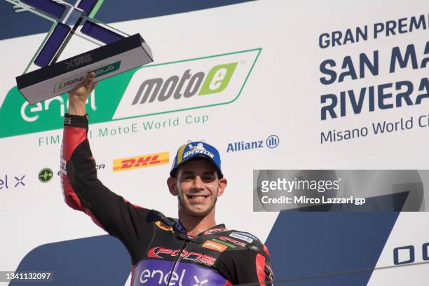 Jordi Torres of Spain and Pons Racing 40 celebrates the victory during the MotoR race 1 during the MotoGP Of San Marino - Qualifying at Misano World...