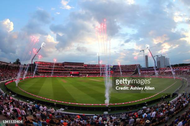 Pyrotechnics go off during the Final between Kent Spitfires and Somerset during the Vitality T20 Blast at Edgbaston on September 18, 2021 in...