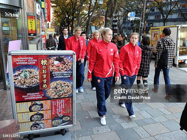 Steph Houghton and Ellen White of Arsenal Ladies FC during a visit to the Nike Store on November 26, 2011 in Tokyo, Japan.