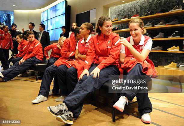 Niamh Fahey and Yvonne Tracy of Arsenal Ladies FC during a visit to the Nike Store on November 26, 2011 in Tokyo, Japan.