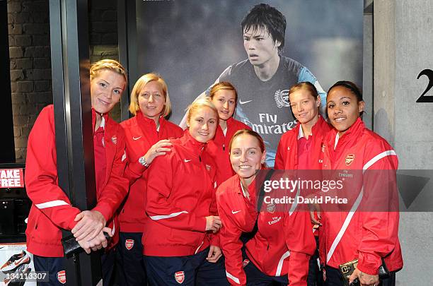 Emme Byrne, Jayne Ludlow, Steph Houghton, Ellen White, Faye White, Katie Chapman and Alex Scott of Arsenal Ladies FC during a visit to the Nike Store...