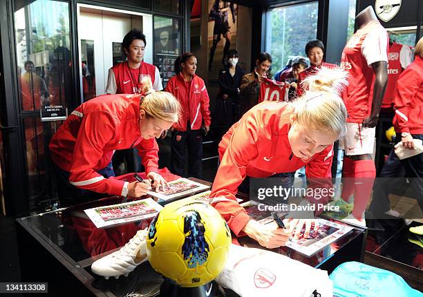 Steph Houghton and Ellen White of Arsenal Ladies FC during a visit to the Nike Store on November 26, 2011 in Tokyo, Japan.