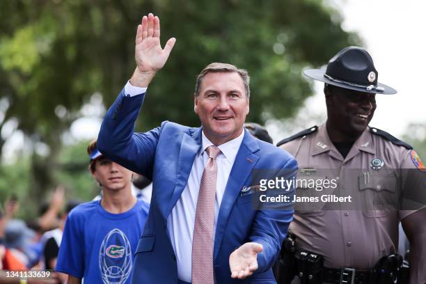 Head coach Dan Mullen of the Florida Gators arrives for a game against the Alabama Crimson Tide at Ben Hill Griffin Stadium on September 18, 2021 in...