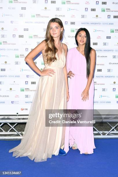 Elisa del Genio and Ludovica Nasti attend the Nastri d'Argento Grandi Serie Internazionali photocall on September 18, 2021 in Naples, Italy.