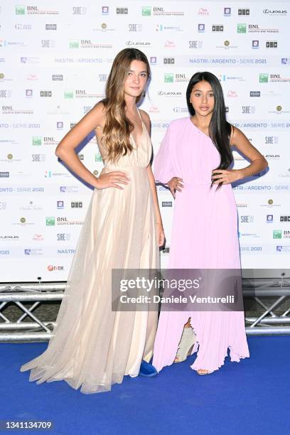 Elisa del Genio and Ludovica Nasti attend the Nastri d'Argento Grandi Serie Internazionali photocall on September 18, 2021 in Naples, Italy.