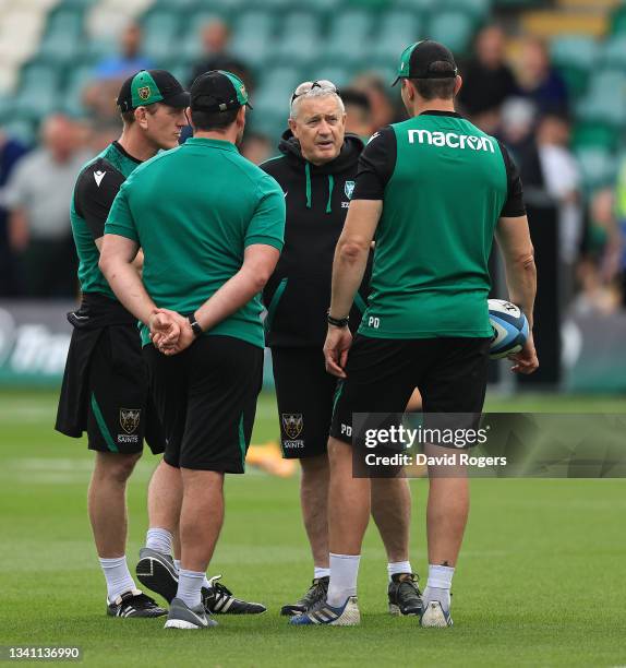 Chris Boyd, the Northampton Saints director of rugby, talks to his coaching team during the Gallagher Premiership Rugby match between Northampton...