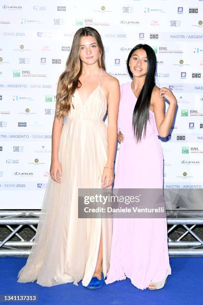 Elisa del Genio and Ludovica Nasti attend the Nastri d'Argento Grandi Serie Internazionali photocall on September 18, 2021 in Naples, Italy.