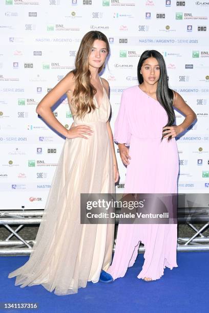 Elisa del Genio and Ludovica Nasti attend the Nastri d'Argento Grandi Serie Internazionali photocall on September 18, 2021 in Naples, Italy.