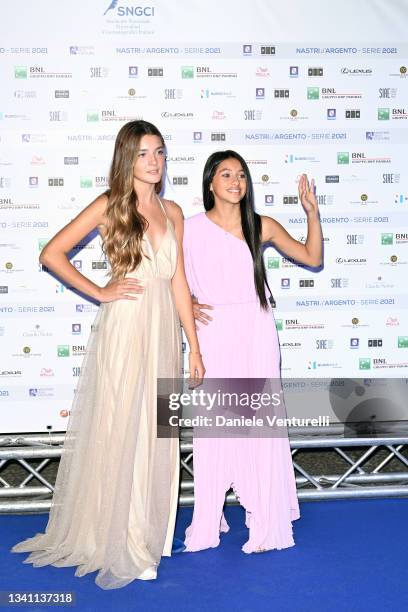 Elisa del Genio and Ludovica Nasti attend the Nastri d'Argento Grandi Serie Internazionali photocall on September 18, 2021 in Naples, Italy.