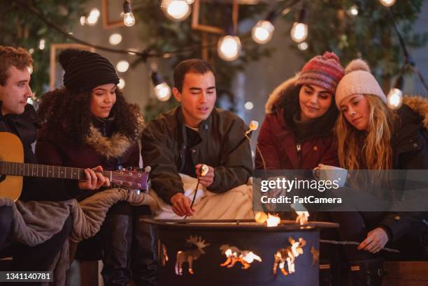 multi-ethnic young adults around a campfire in winter - canada celebration stock pictures, royalty-free photos & images