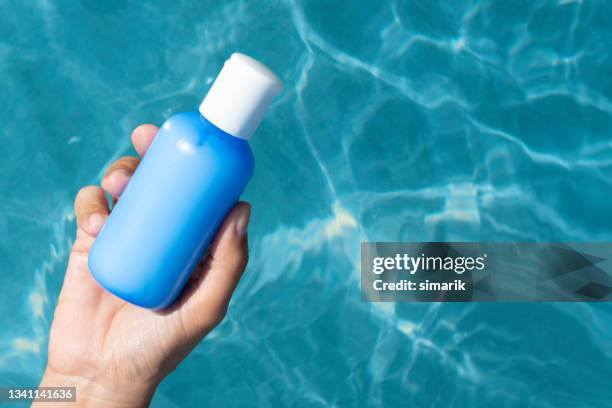 moisturizer in water - hand holding a bottle stock pictures, royalty-free photos & images