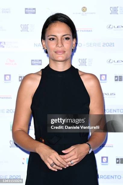 Shalana Santana attends the Nastri d'Argento Grandi Serie Internazionali photocall on September 18, 2021 in Naples, Italy.