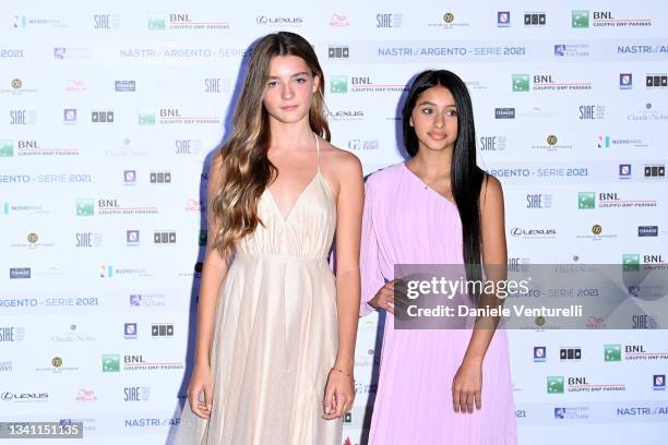 Elisa del Genio and Ludovica Nasti attend the Nastri d'Argento Grandi Serie Internazionali photocall on September 18, 2021 in Naples, Italy.