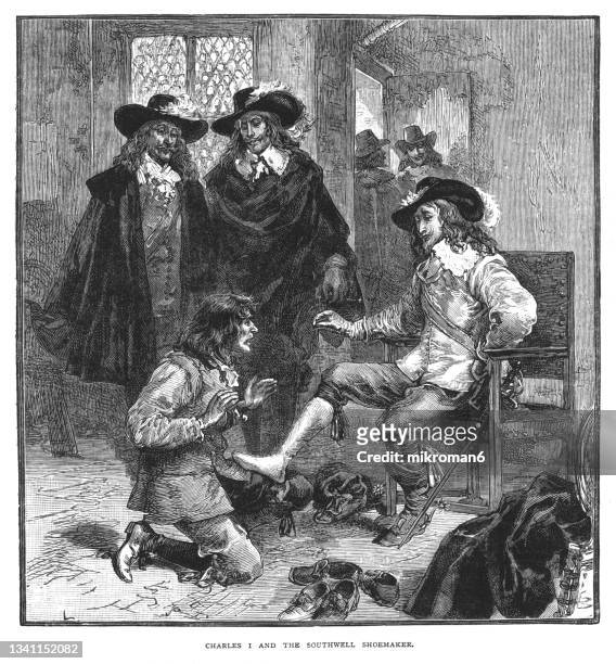 old engraved illustration of charles i king of england and the southwell shoemaker - charles i stock pictures, royalty-free photos & images
