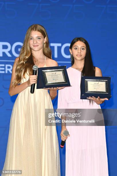 Elisa del Genio and Ludovica Nasti are awarded during the Nastri d'Argento Grandi Serie Internazionali awards ceremony on September 18, 2021 in...