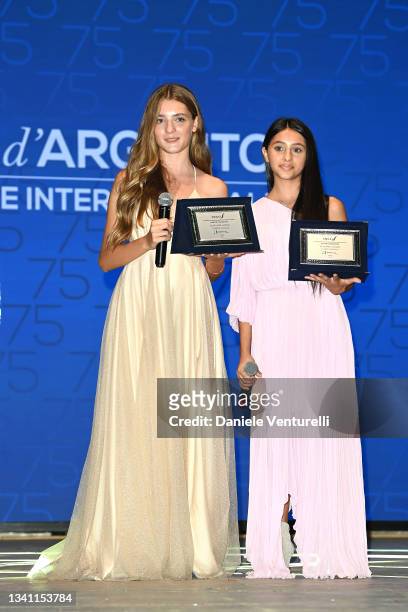 Elisa del Genio and Ludovica Nasti are awarded during the Nastri d'Argento Grandi Serie Internazionali awards ceremony on September 18, 2021 in...