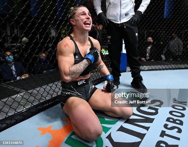 Hannah Goldy reacts after her submission victory over Emily Whitmire in a flyweight fight during the UFC Fight Night event at UFC APEX on September...