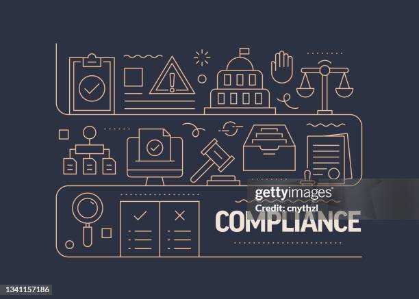compliance related vector banner design concept, modern line style with icons - law legal system technology stock illustrations