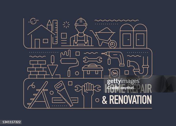 haus renovierung verwandte vektor banner design konzept, moderner linienstil mit ikonen - home improvement stock-grafiken, -clipart, -cartoons und -symbole