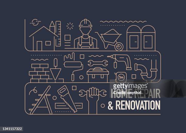 stockillustraties, clipart, cartoons en iconen met home renovation related vector banner design concept, modern line style with icons - home improvement