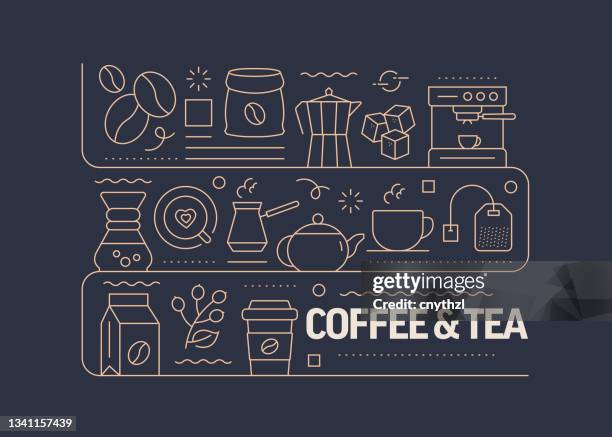 ilustraciones, imágenes clip art, dibujos animados e iconos de stock de concepto de diseño de banner vectorial relacionado con el café, estilo de línea moderno con iconos - cafetera exprés