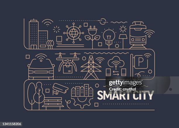 smart city related vector banner design konzept, moderner linienstil mit icons - smart city stock-grafiken, -clipart, -cartoons und -symbole