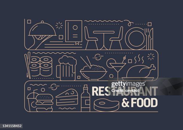 stockillustraties, clipart, cartoons en iconen met restaurant and food related vector banner design concept, modern line style with icons - salad bar