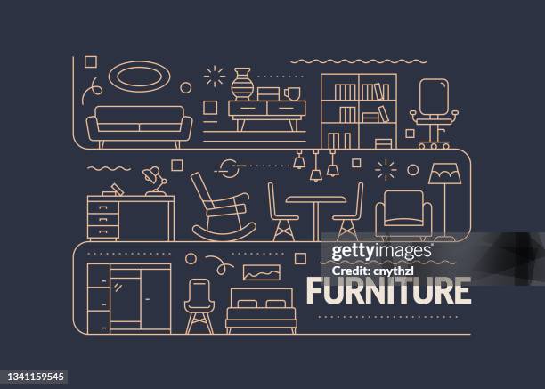 ilustraciones, imágenes clip art, dibujos animados e iconos de stock de concepto de diseño de banner vectorial relacionado con muebles, estilo de línea moderno con iconos - muebles