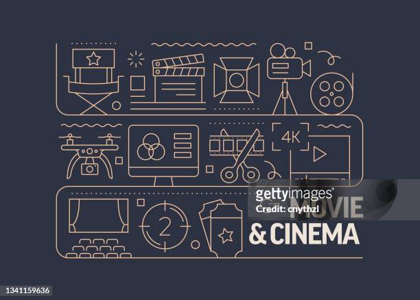 cinema and movie related vector banner design concept, modern line style with icons - gala icon stock illustrations