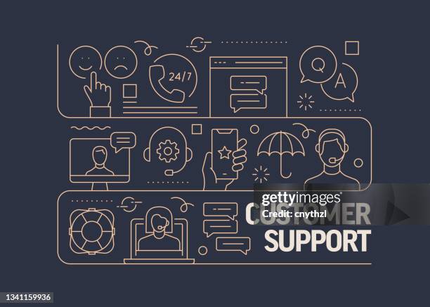 customer support related vector banner design concept, modern line style with icons - smiling customer service representative headset stock illustrations