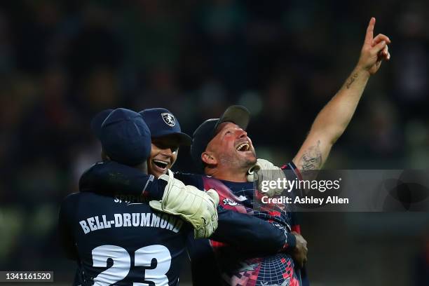 Darren Stevens, Sam Billings and Daniel Bell-Drummond of Kent Spitfires celebrate winning the Vitality T20 Blast Final at Edgbaston on September 18,...