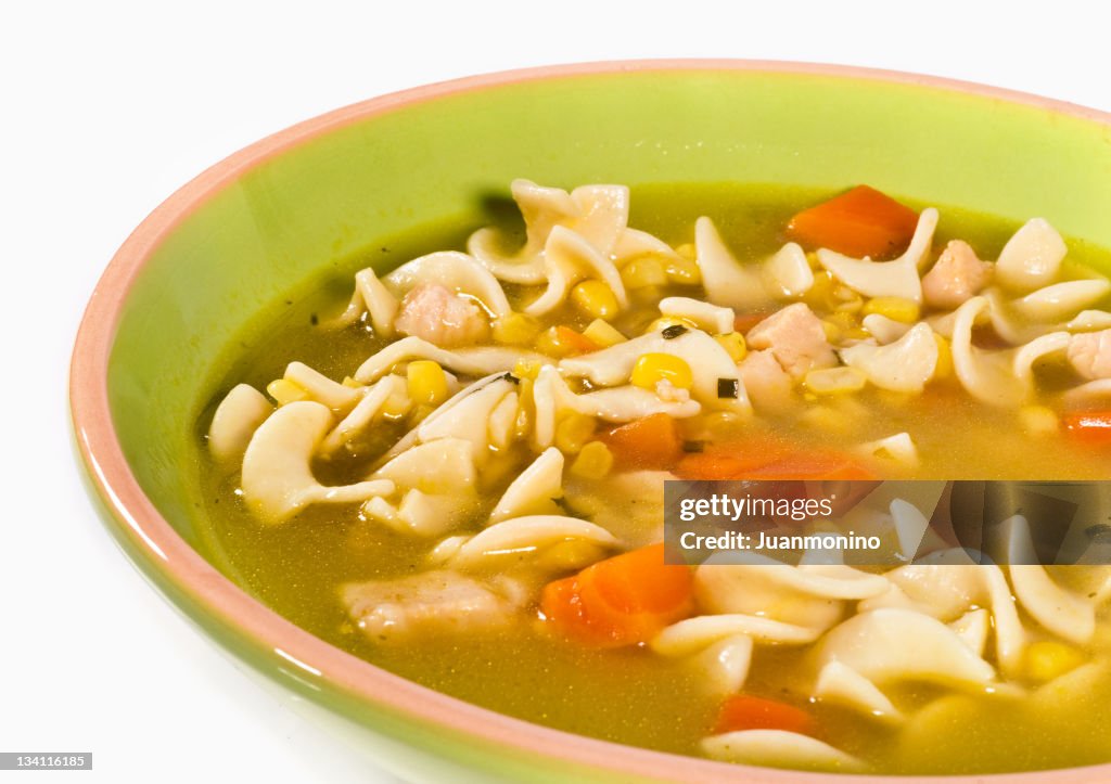 Bowl of Chicken noodles on white background