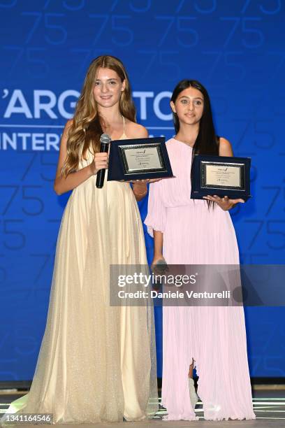 Elisa del Genio and Ludovica Nasti are awarded during the Nastri d'Argento Grandi Serie Internazionali awards ceremony on September 18, 2021 in...