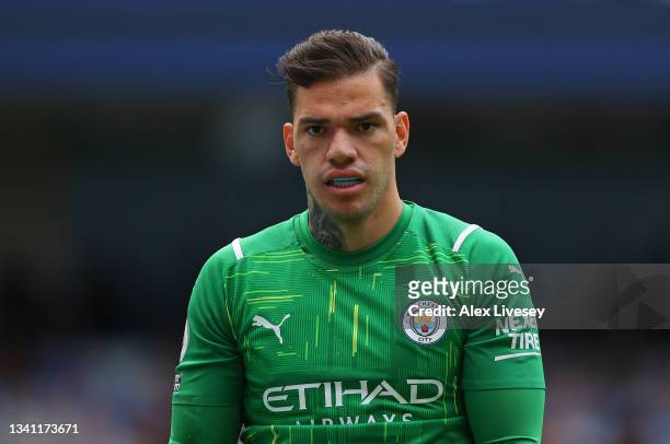 Ederson of Manchester City looks on during the Premier League match between Manchester City and Southampton at Etihad Stadium on September 18, 2021...