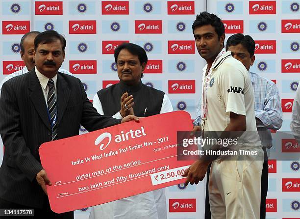 Ravichandran Ashwin of India recieving the Man of the Series trophy and cheque during the presentation ceremony on the last day of the third test...