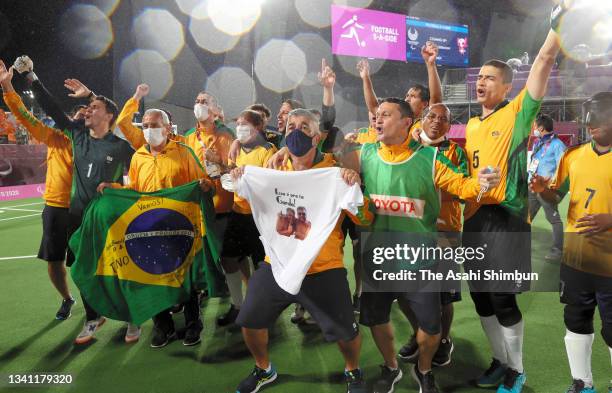 Members of Team Brazil celebrate winning the gold medal after the Football 5-a-side Gold Medal match between Argentina and Brazil on day 11 of the...